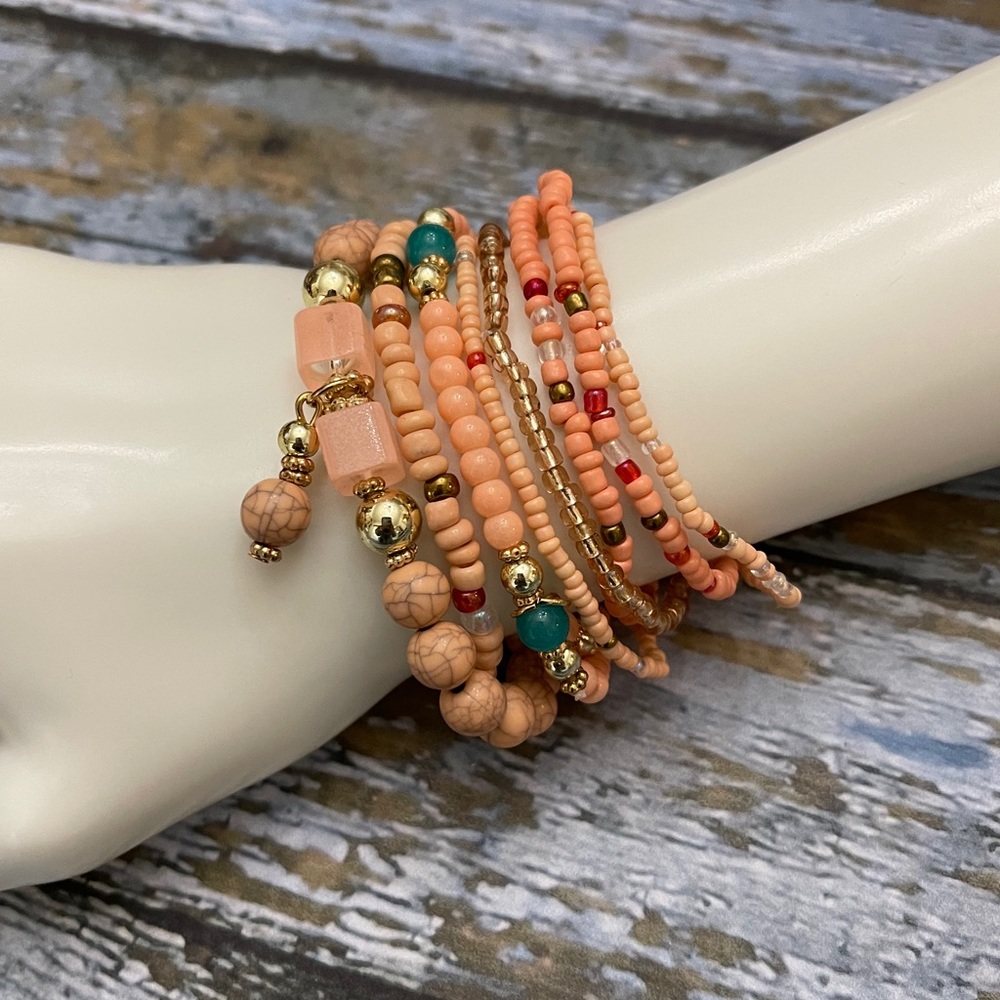 Pink & Gold Seed Bead Bracelets Set of 8 NWT